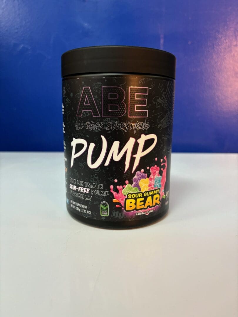 A tub of abe pump is sitting on the counter.