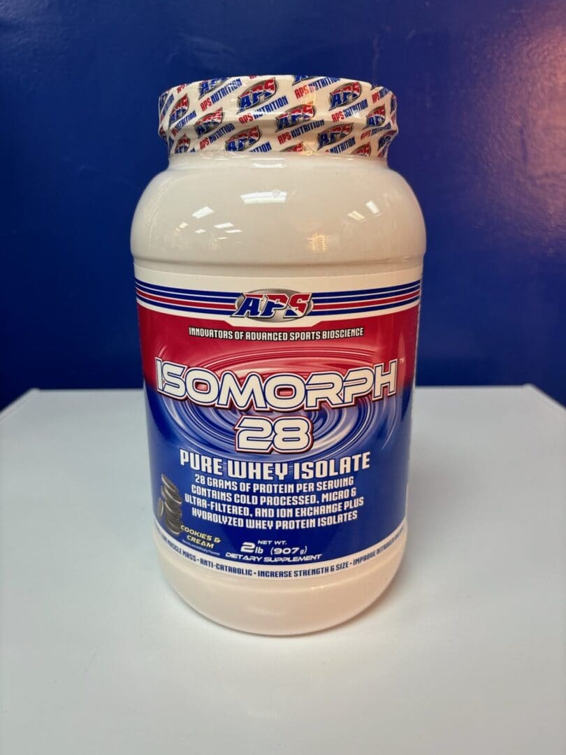 A bottle of isomorph 2 8 protein on top of a table.