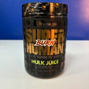 A jar of super human burn is sitting on the counter.