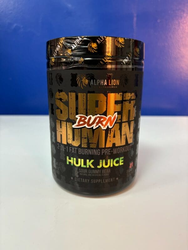 A jar of super human burn is sitting on the counter.