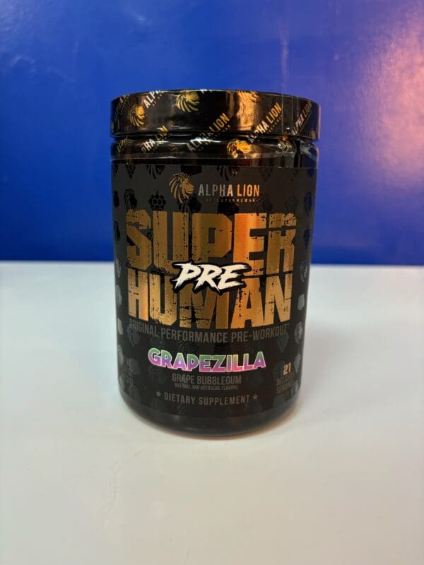 A jar of super human pre-workout is shown.