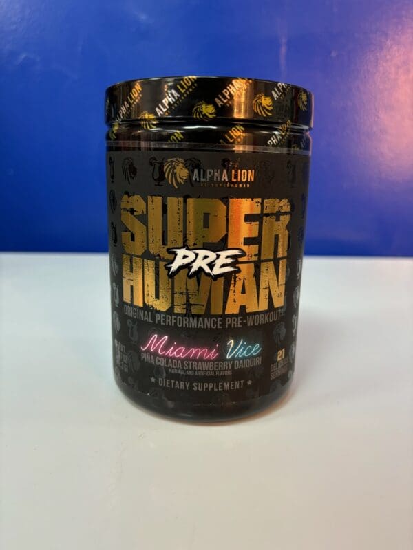 A jar of super human pre-workout drink