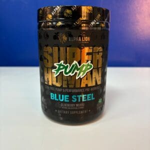 A jar of blue steel super human pump