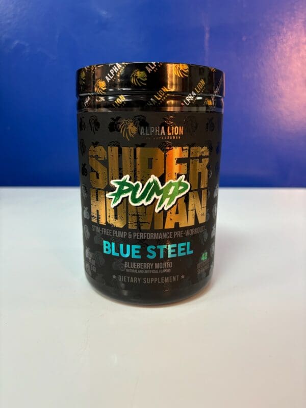 A jar of blue steel super human pump