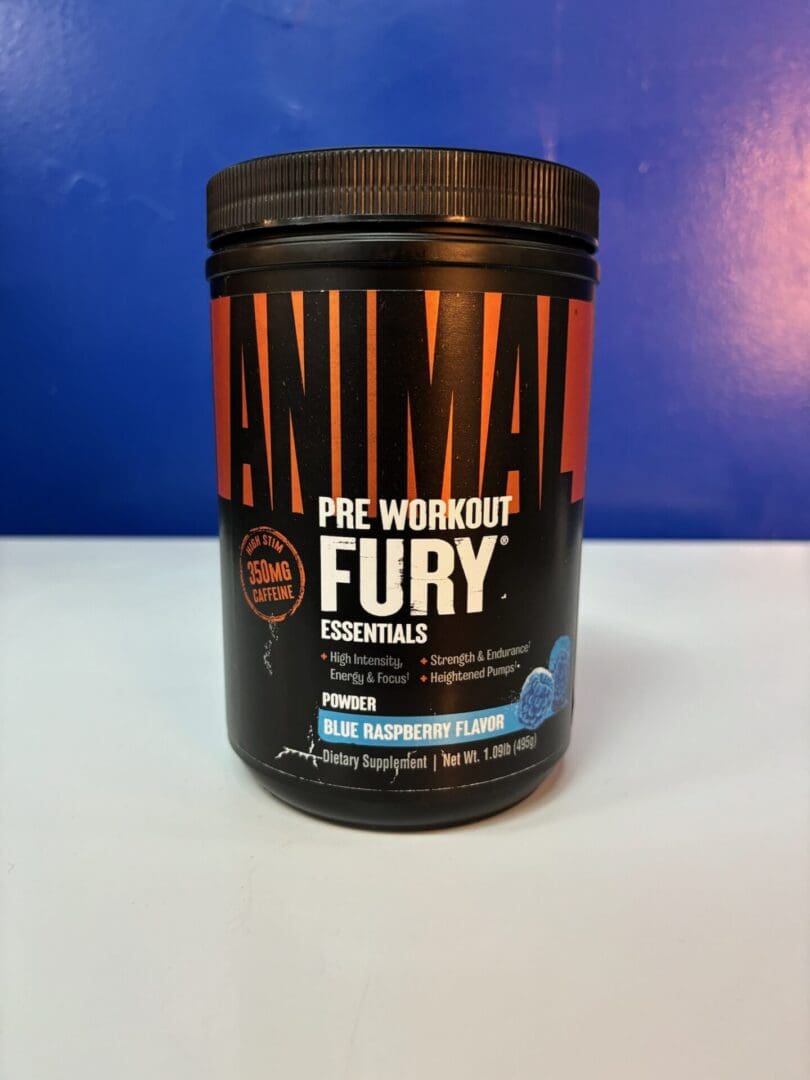 A can of animal fury essentials is sitting on the counter.