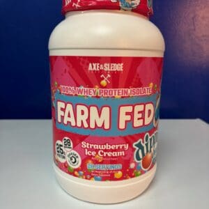 A jar of farm fed strawberry ice cream