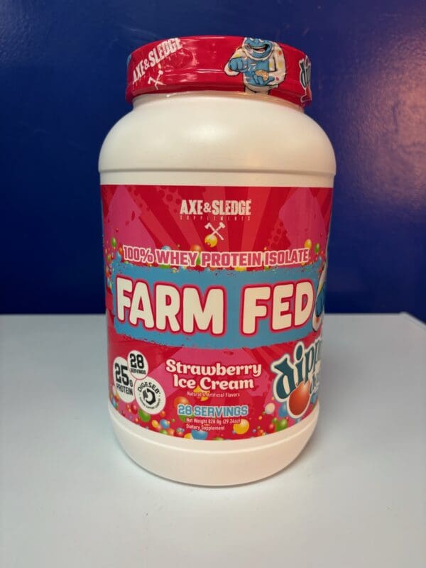 A jar of farm fed strawberry ice cream