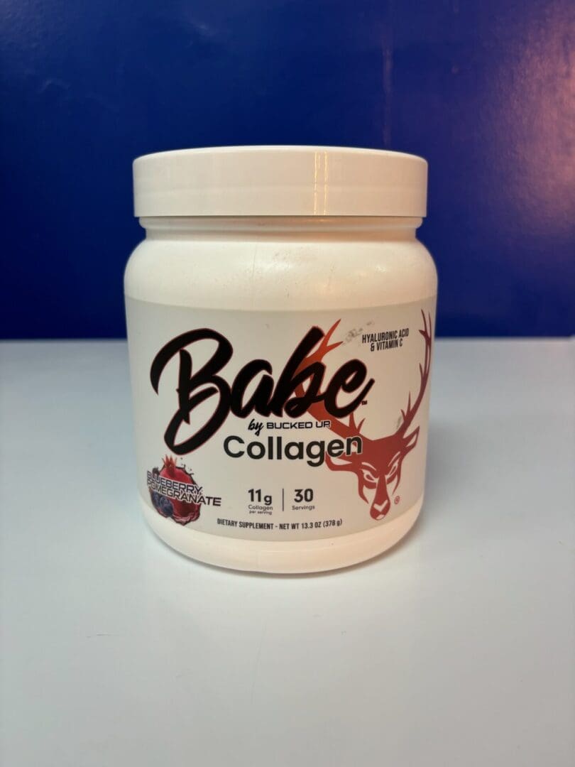 A jar of collagen powder on a table.