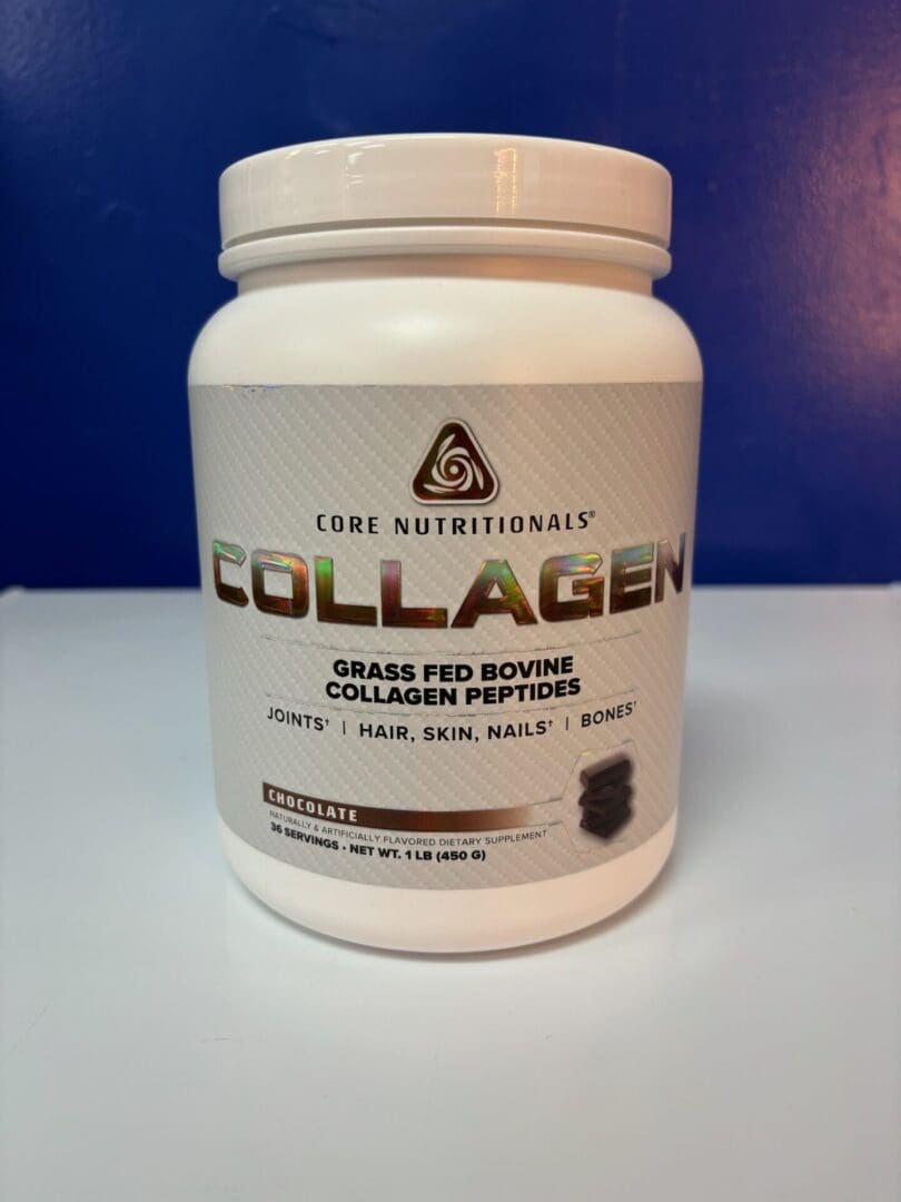 A container of collagen is sitting on the counter.