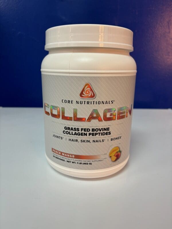 A container of collagen is sitting on the counter.