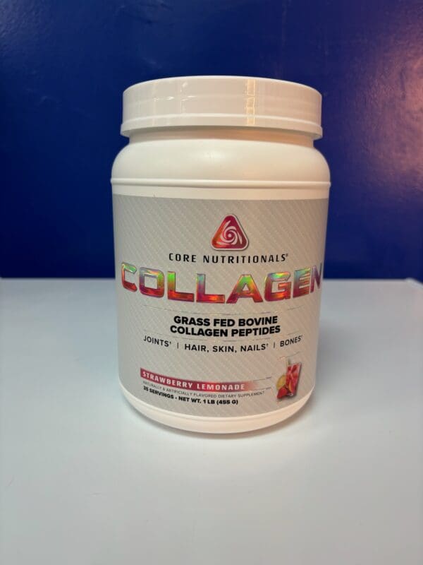 A container of collagen is sitting on the counter.