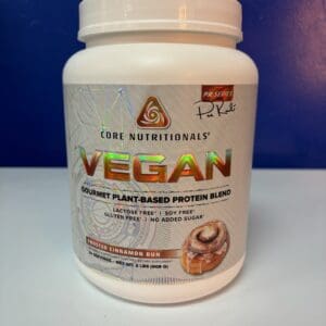 A container of vegan protein is shown.