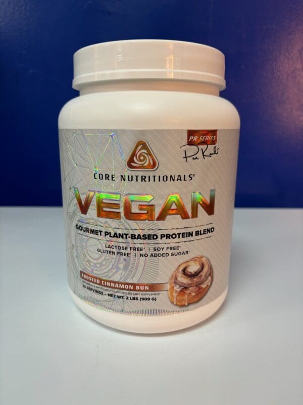 A container of vegan protein is shown.