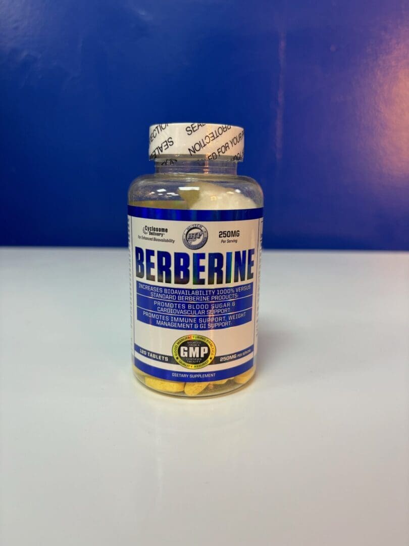 A bottle of berberine is sitting on the table.