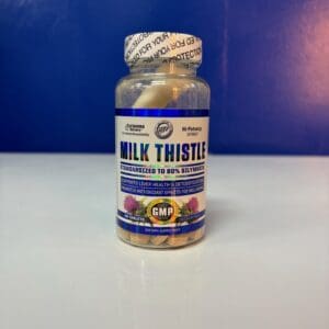 A bottle of milk thistle pills sitting on top of a table.