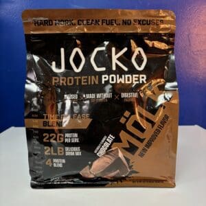 A bag of jocko protein powder on top of a table.