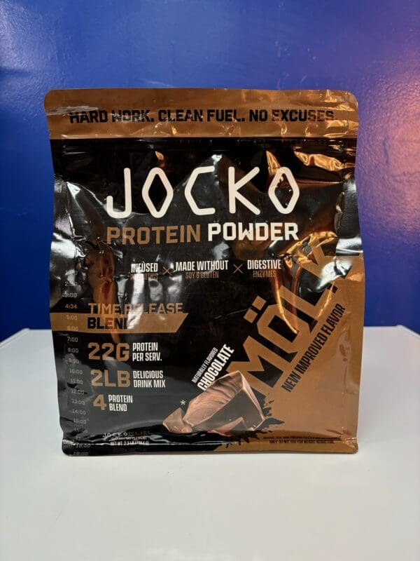 A bag of jocko protein powder on top of a table.