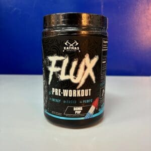 A jar of flux pre-workout is sitting on the counter.