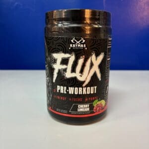 A jar of flux pre-workout is sitting on the counter.