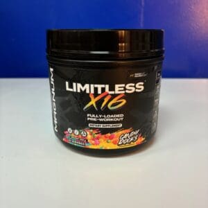 A container of limitless xls is sitting on the counter.