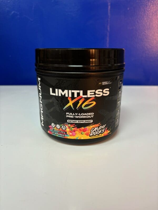 A container of limitless xls is sitting on the counter.