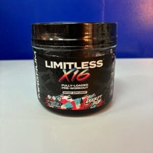 A container of limitless x 1 6 is sitting on the counter.