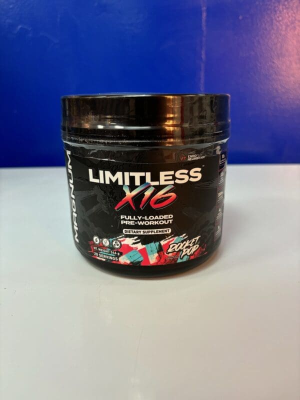 A container of limitless x 1 6 is sitting on the counter.