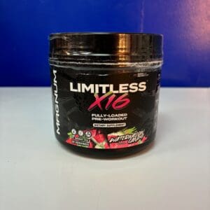 A container of limitless x 1 6 is sitting on the counter.