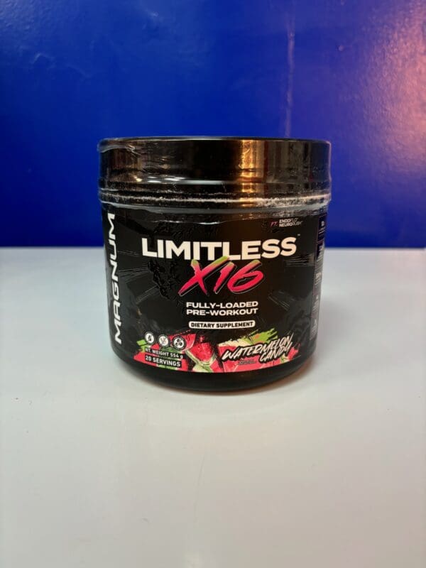 A container of limitless x 1 6 is sitting on the counter.