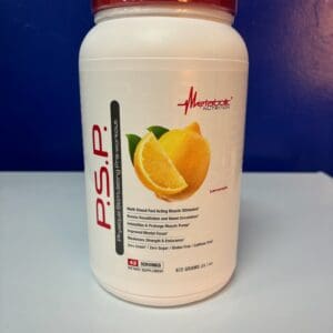 A container of protein powder with an orange on it.