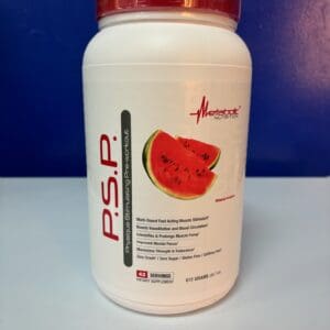 A container of protein powder with watermelon on it.