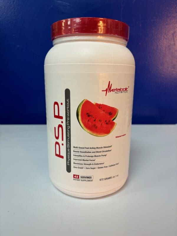 A container of protein powder with watermelon on it.