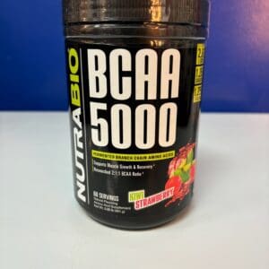 A container of nutrabio bcaa 5 0 0 0 is shown.