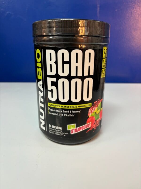 A container of nutrabio bcaa 5 0 0 0 is shown.