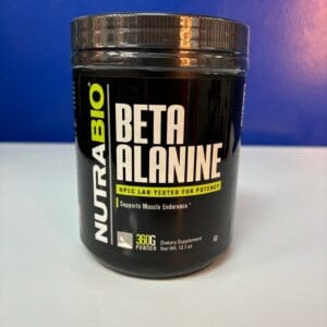 A container of nutrabio beta alanine is sitting on the counter.