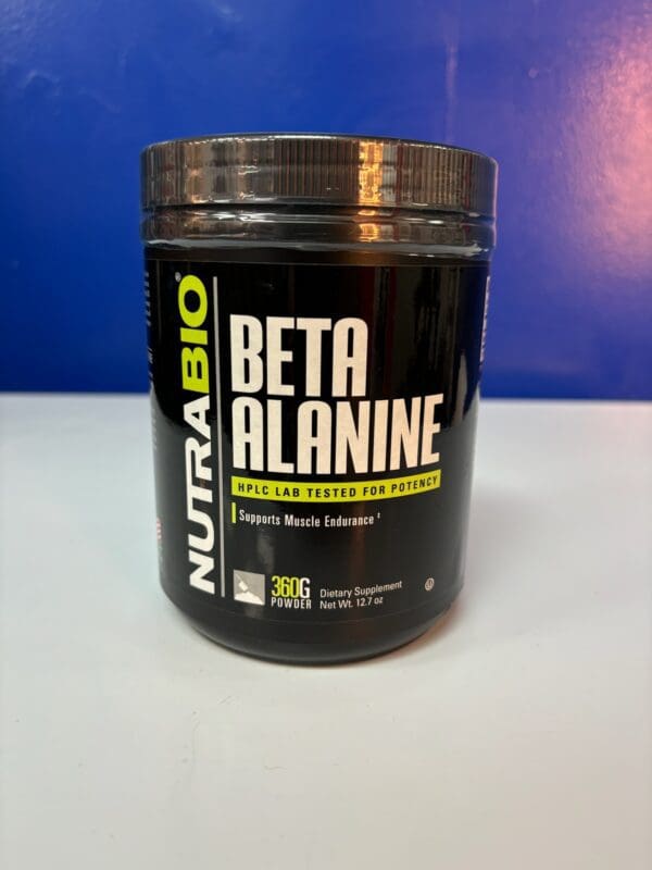 A container of nutrabio beta alanine is sitting on the counter.