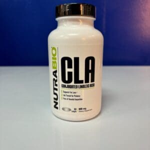 A bottle of nutrabio cla on top of a table.