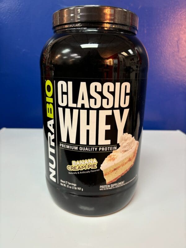 A bottle of nutrabio classic whey protein