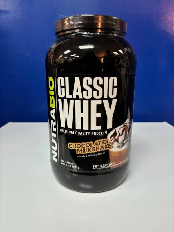 A bottle of nutrabio classic whey protein