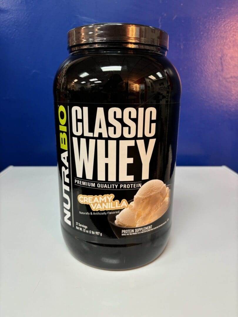 A bottle of nutrabio classic whey protein