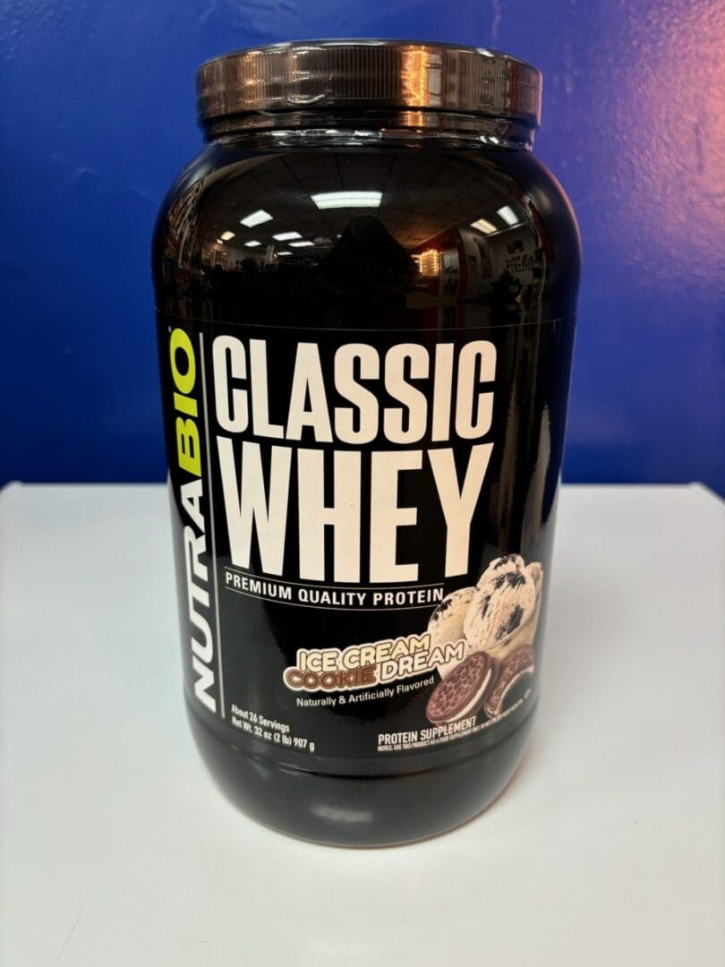 A jar of nutrabio classic whey protein.