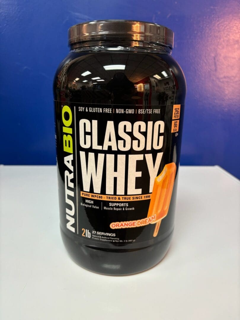 A jar of nutrabio classic whey protein