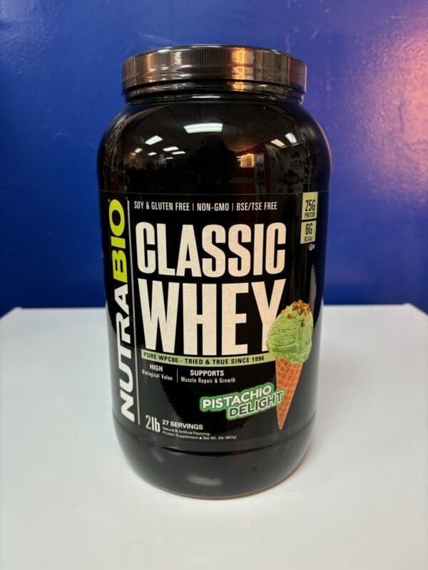 A close up of a container of nutrabio classic whey