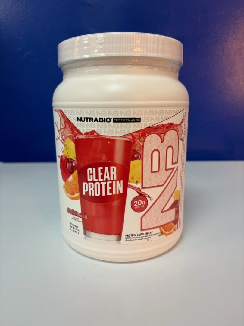 A container of clear protein is shown.