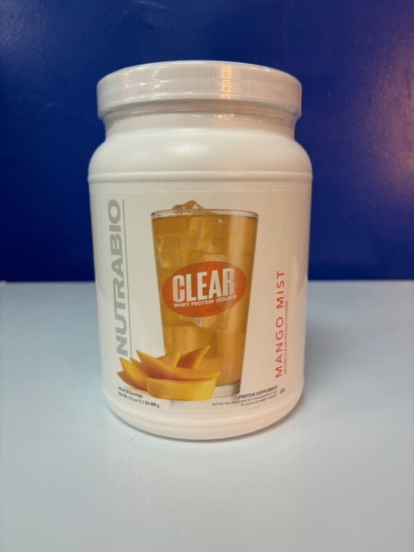 A jar of nutrabio clear protein powder