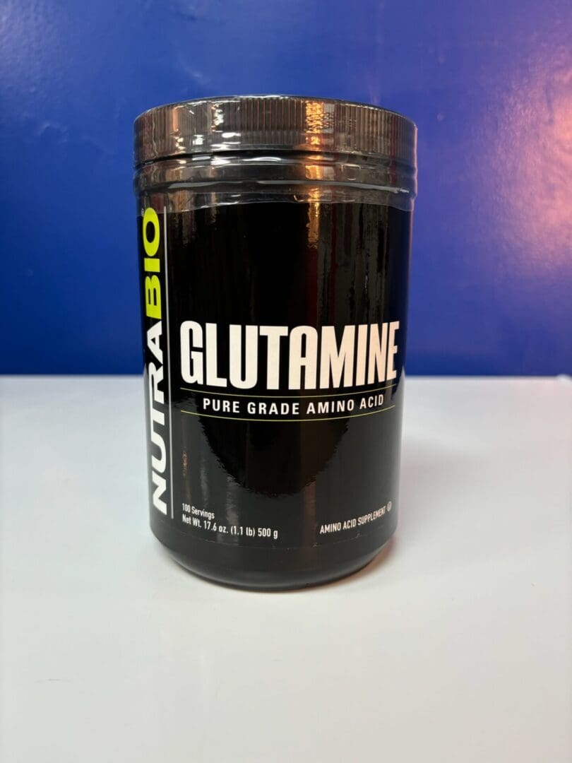 A black container of nutrasio glutamine