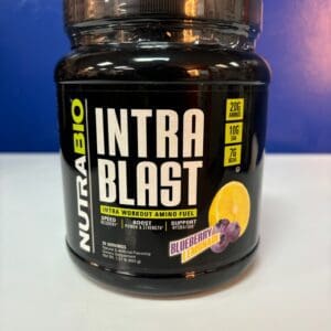 A jar of nutrabio intra blast is sitting on the counter.