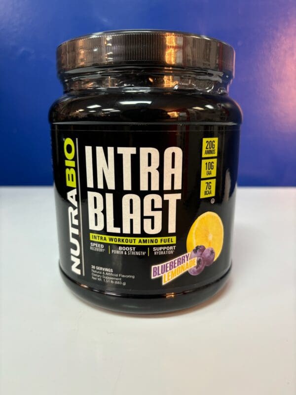 A jar of nutrabio intra blast is sitting on the counter.