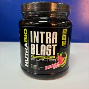 A jar of nutrabio intra blast is sitting on the counter.