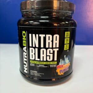 A jar of nutrabio intra blast is sitting on the counter.